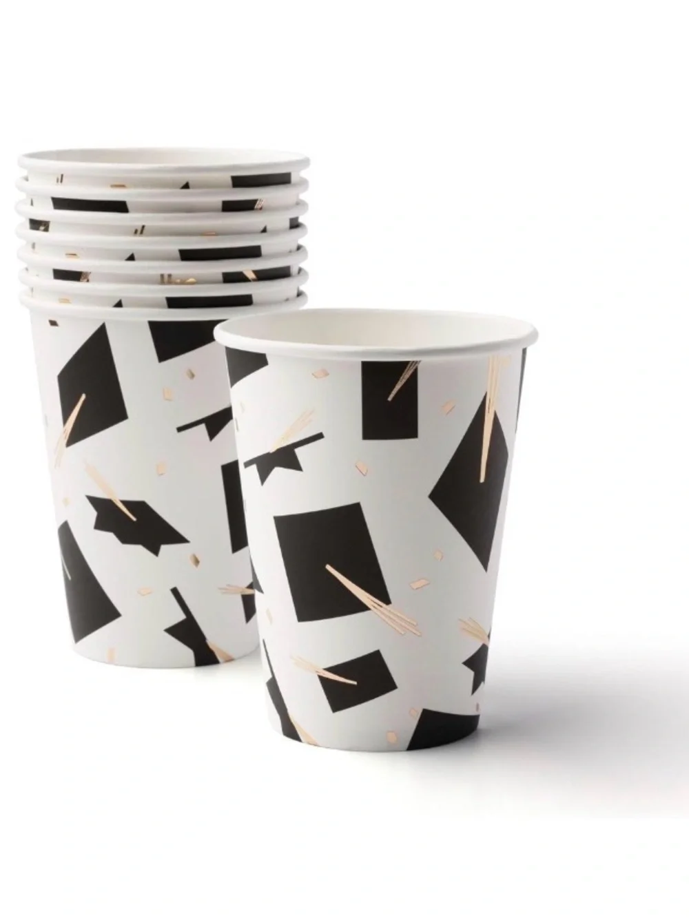 🖍️ Black & White Geometric Disposable Party Cups with Gold Accents - Pack of 8